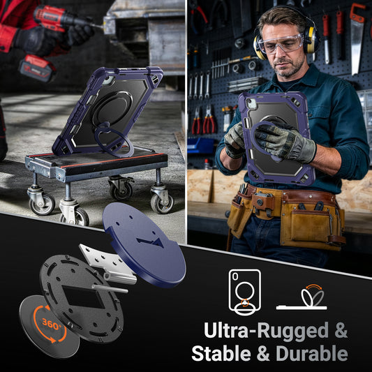The Commander Series ultra-rugged case fits iPad Air 4th Gen 10.9-inch (2020). Features a 360° rotating kickstand, non-slip handle grip, and detachable crossbody strap. Built with PC+TPU armor for drop resistance. Supports bulk wholesale orders.