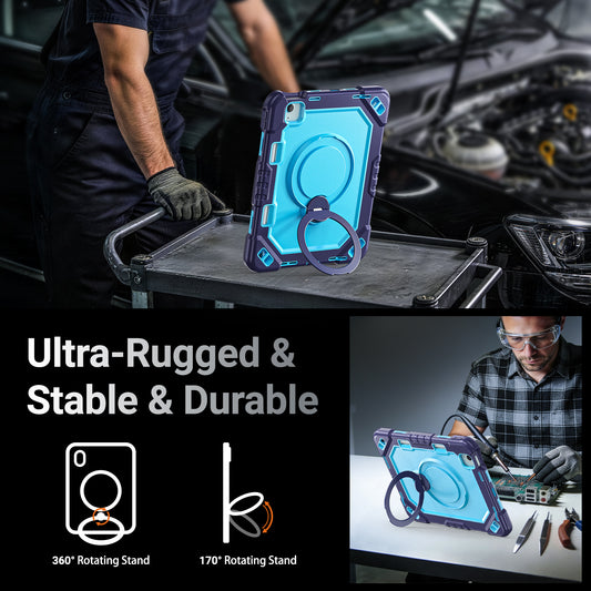 The Commander Series ultra-rugged case fits iPad Air 6th Gen 11-inch (2024). Features a 360° rotating kickstand, non-slip handle grip, and detachable crossbody strap. Built with PC+TPU armor for drop resistance. Supports bulk wholesale orders.