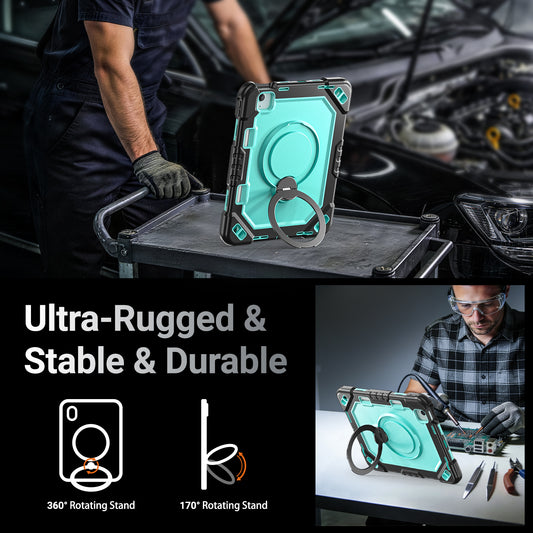 The Commander Series ultra-rugged case fits iPad Air 7th Gen 11-inch (2025). Features a 360° rotating kickstand, non-slip handle grip, and detachable crossbody strap. Built with PC+TPU armor for drop resistance. Supports bulk wholesale orders.