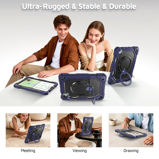 The Commander Series ultra-rugged case fits iPad Pro 11-inch 4th Gen (2022). Features a 360° rotating kickstand, non-slip handle grip, and detachable crossbody strap. Built with PC+TPU armor for drop resistance. Supports bulk wholesale orders.