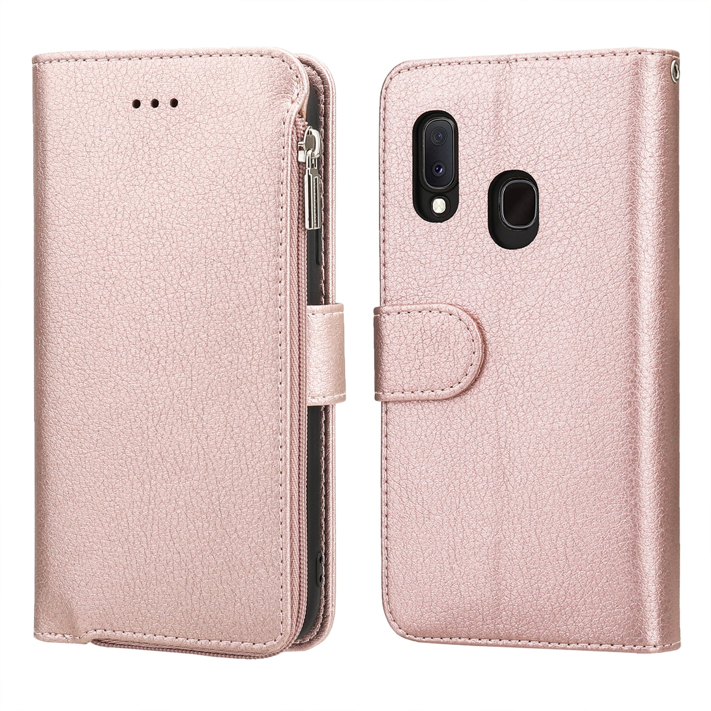 Samsung Galaxy A20 Leather Case Zipper Pouch TPU Fexible Stand Card Slots Magnetic Hand Strap
