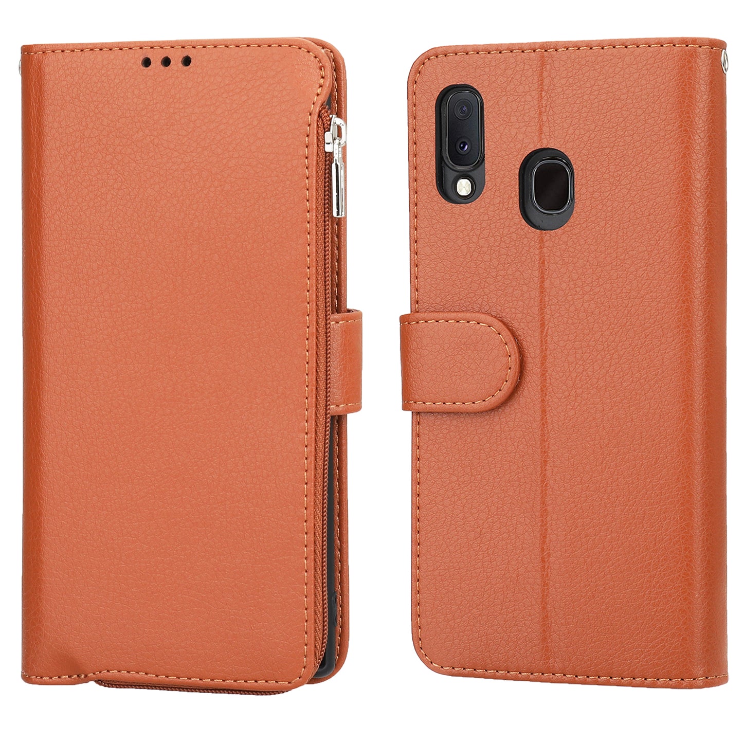 Samsung Galaxy A20 Leather Case Zipper Pouch TPU Fexible Stand Card Slots Magnetic Hand Strap