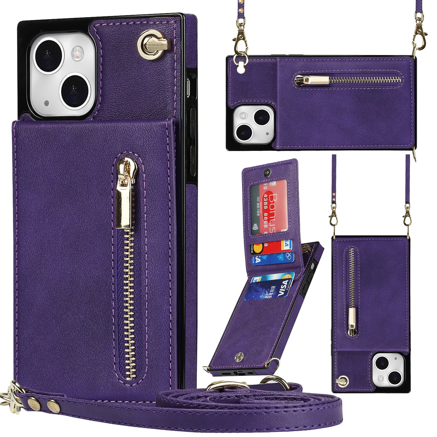 Apple iPhone 13 Leather Cover with Classical Card Cash Slots Zipper Hand Shoulder Strap Kickstand