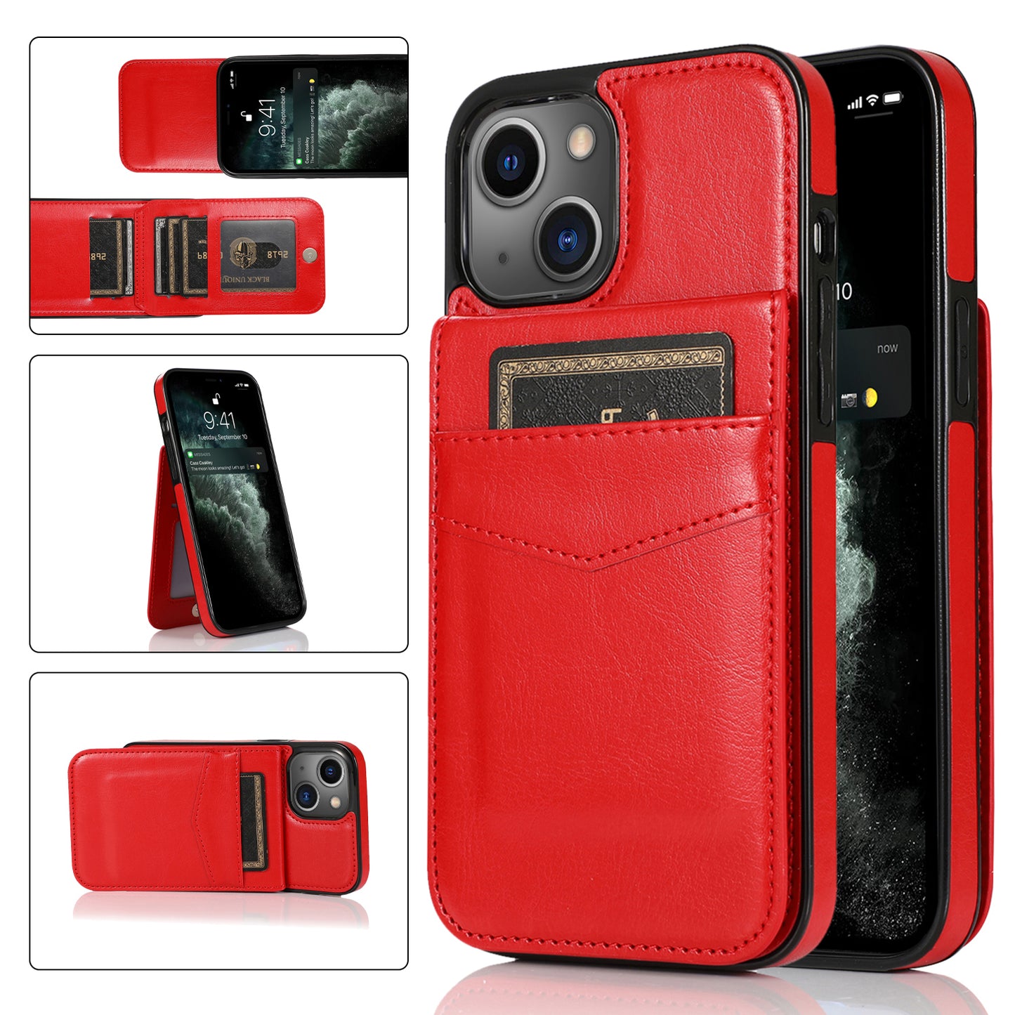 Apple iPhone 13 Leather Cover Vertical Horiznatal Kickstand with Card Slots