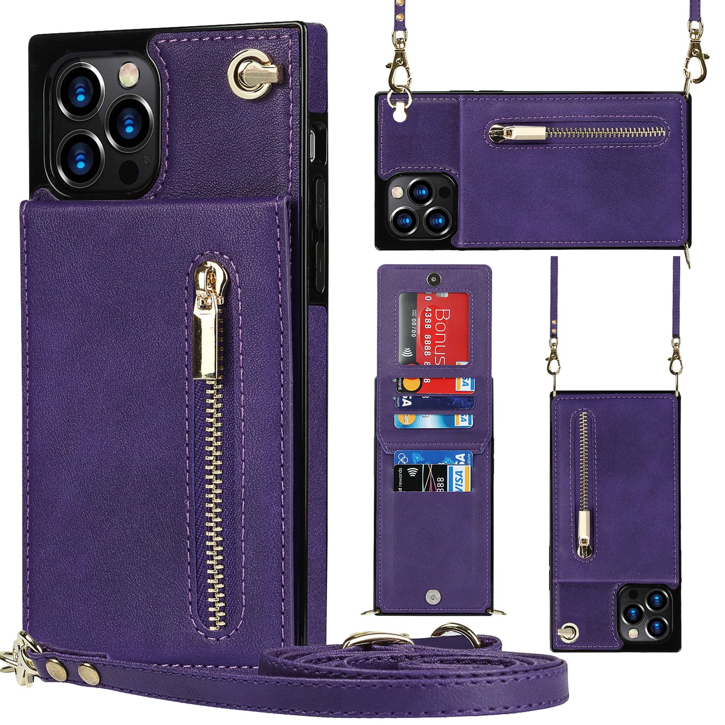 Apple iPhone 12 Pro Max Leather Cover with Classical Card Cash Slots Zipper Hand Shoulder Strap Kickstand