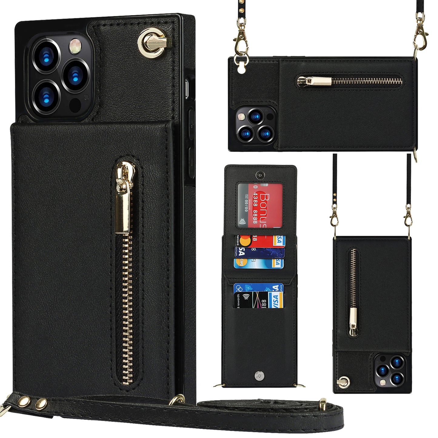 Apple iPhone 12 Pro Leather Cover with Classical Card Cash Slots Zipper Hand Shoulder Strap Kickstand