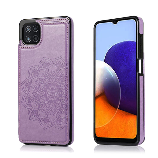 Samsung Galaxy A22 Leather Cover Card Holder Embossing Datura Flower with Double Magnetic Button