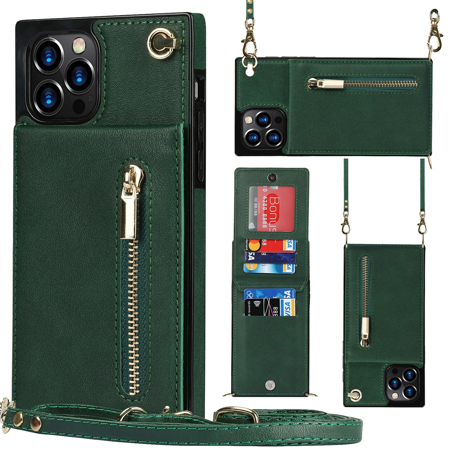 Apple iPhone 12 Pro Max Leather Cover with Classical Card Cash Slots Zipper Hand Shoulder Strap Kickstand