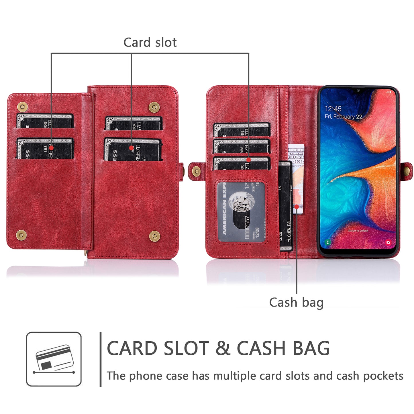 Samsung Galaxy A30 Leather Case Detachable Magnetic Multiple Card Slots Cash Pockets