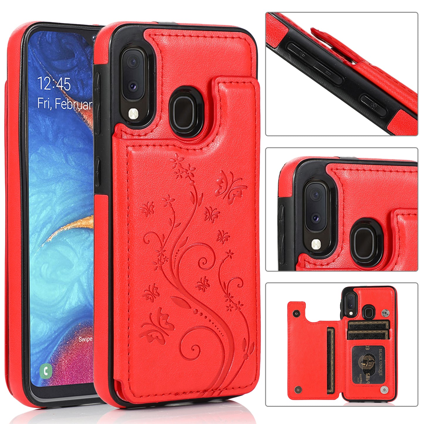 Samsung Galaxy A20 Leather Cover Embossing Flower Slim Fold Card Holder Shockp Resistant