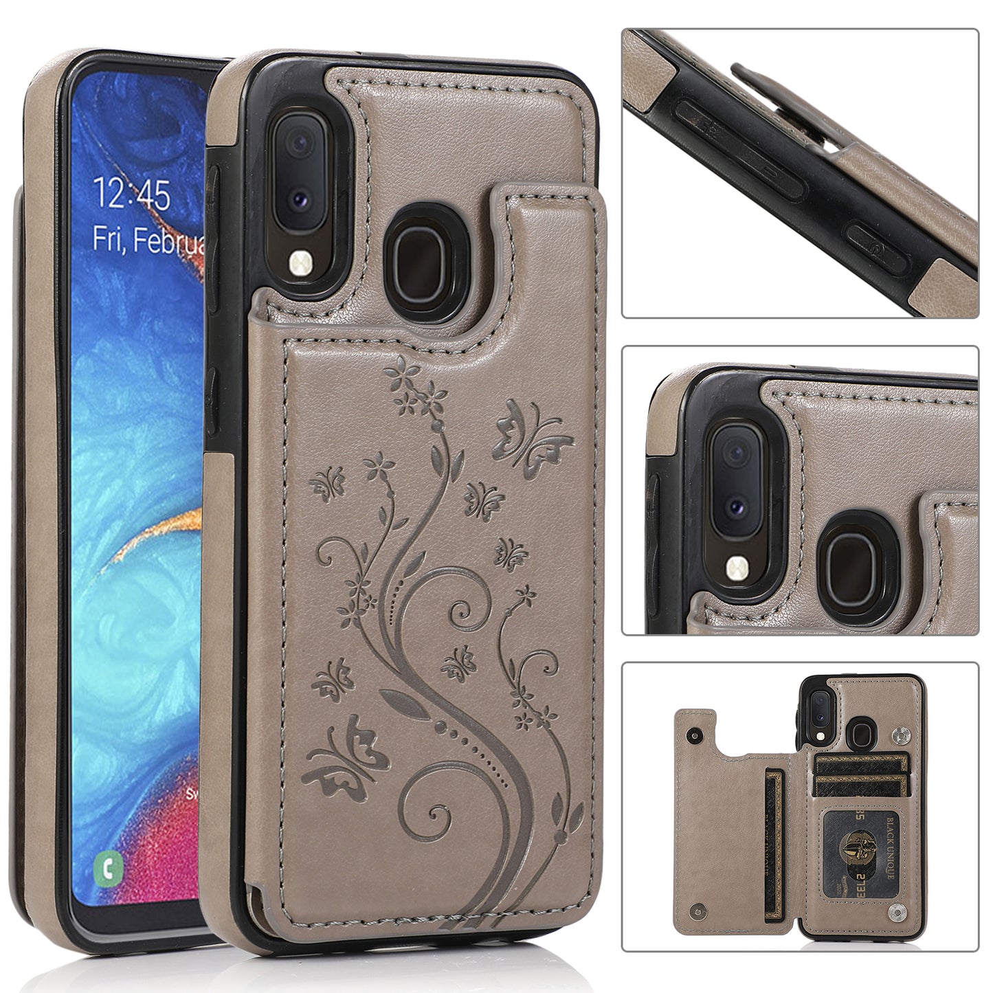 Samsung Galaxy A20 Leather Cover Embossing Flower Slim Fold Card Holder Shockp Resistant