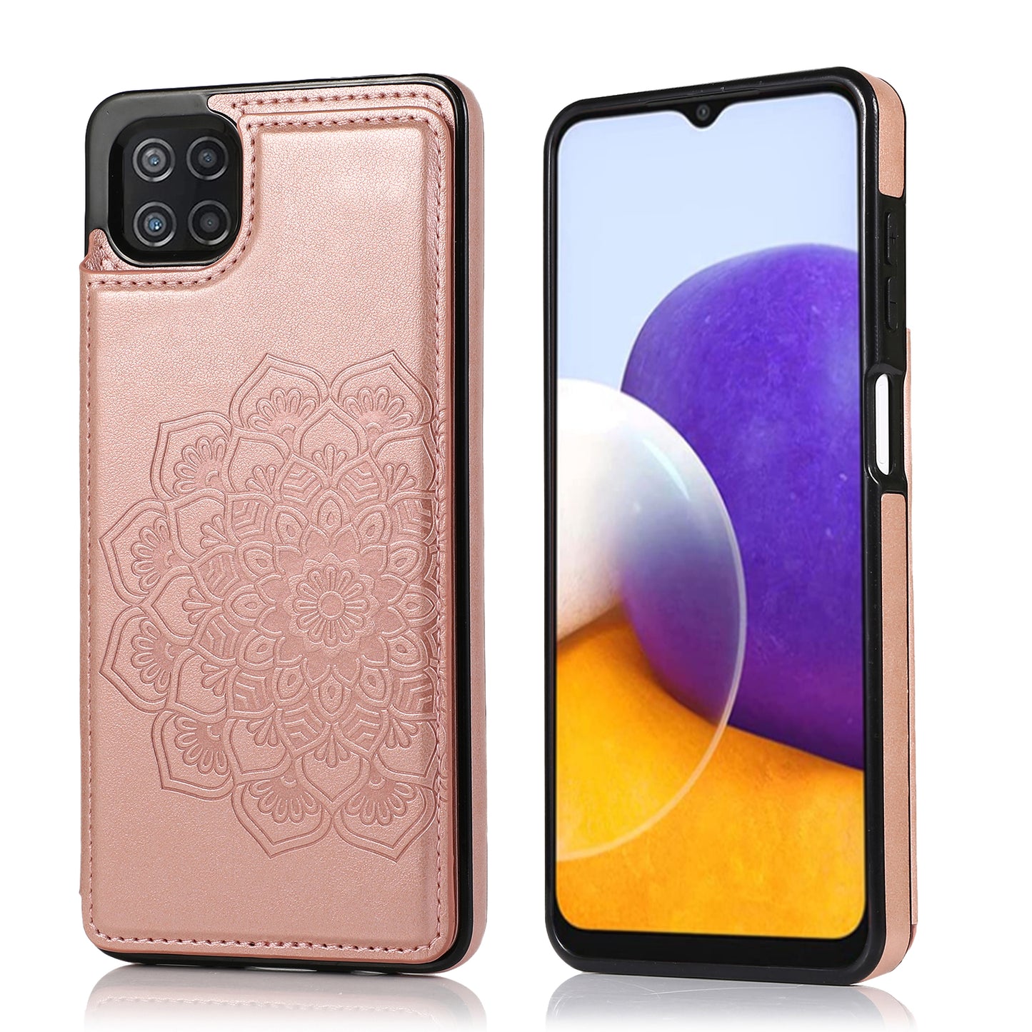 Samsung Galaxy A22 Leather Cover Card Holder Embossing Datura Flower with Double Magnetic Button