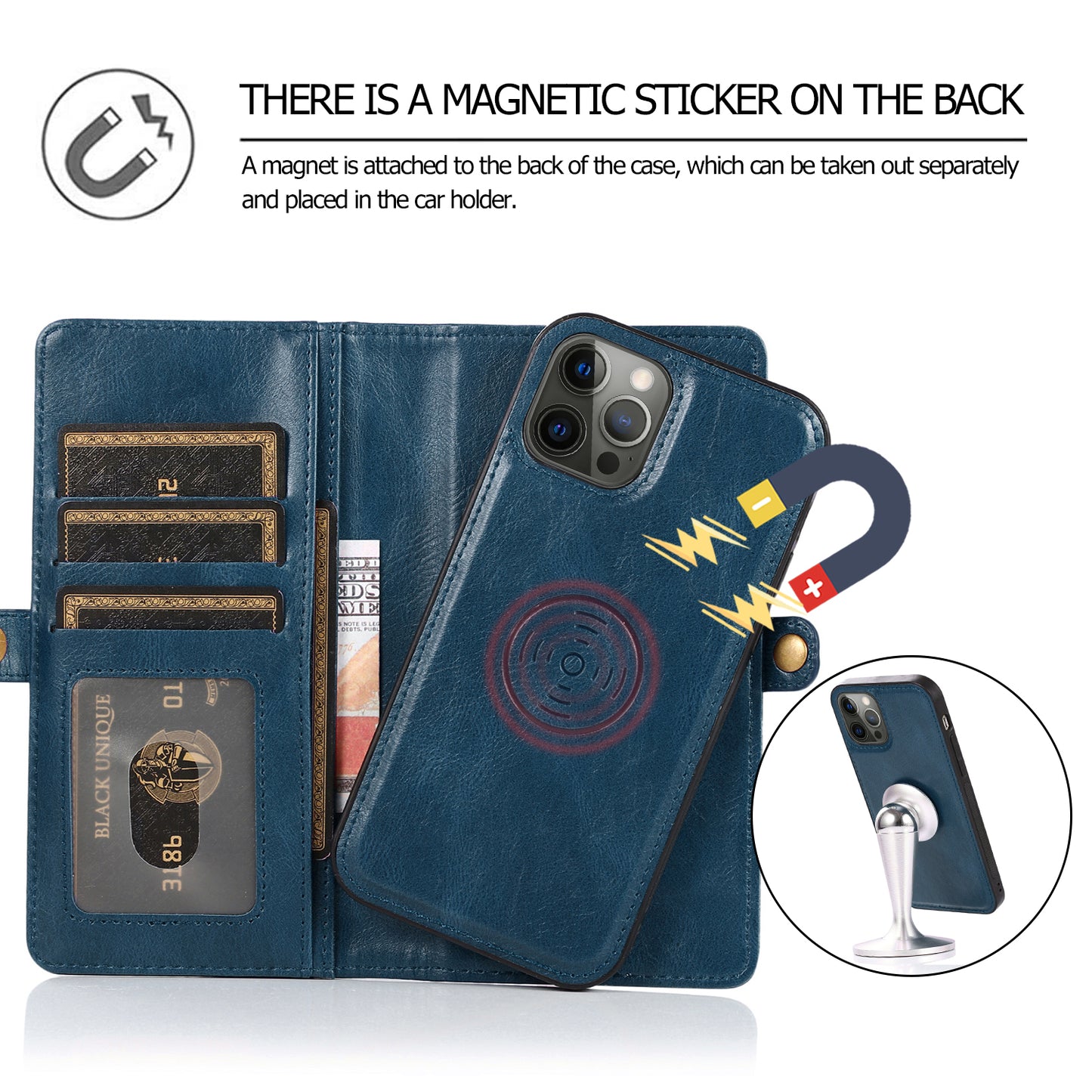Apple iphone 12 Pro Max Leather Case Detachable Magnetic Multiple Card Slots Cash Pockets