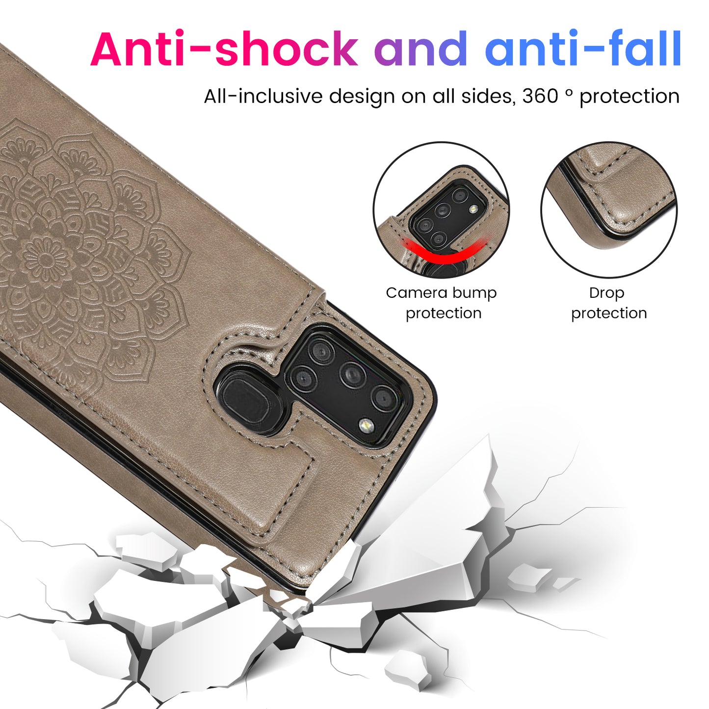 Samsung Galaxy A21s Leather Cover Card Holder Embossing Datura Flower with Double Magnetic Button