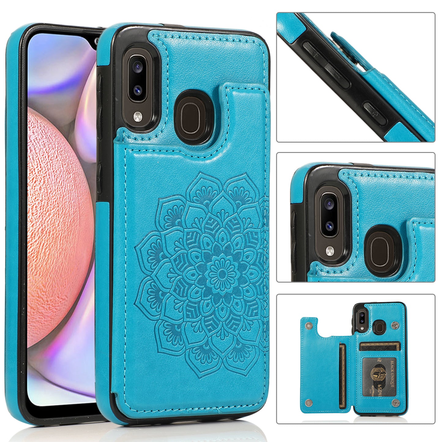 Samsung Galaxy A20e Leather Cover Card Holder Embossing Datura Flower with Double Magnetic Button