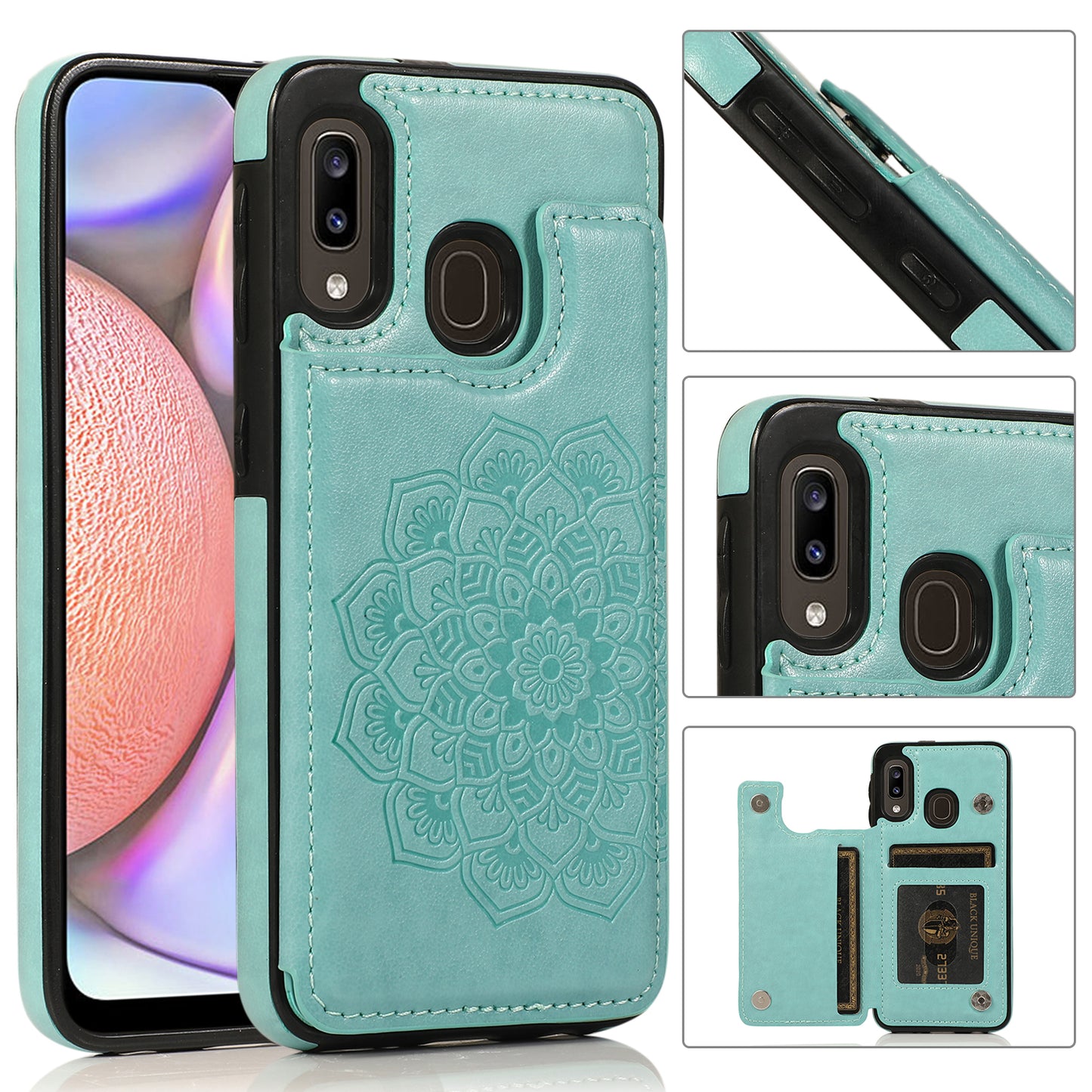 Samsung Galaxy A20e Leather Cover Card Holder Embossing Datura Flower with Double Magnetic Button