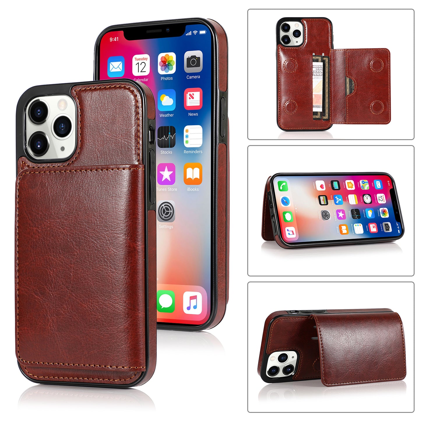 Apple iPhone 12 Pro Leather Cover Multiple Card Slots Magnetic Storage Pouch Kickstand