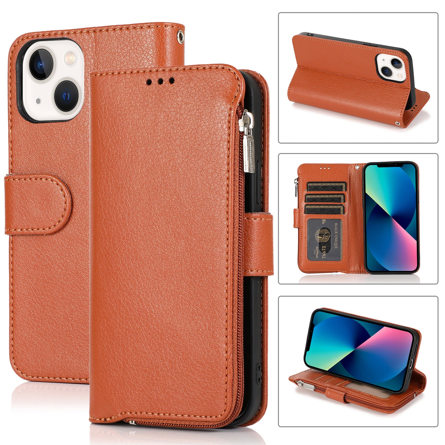 Apple iPhone 13 Leather Case Zipper Pouch TPU Fexible Stand Card Slots Magnetic Hand Strap