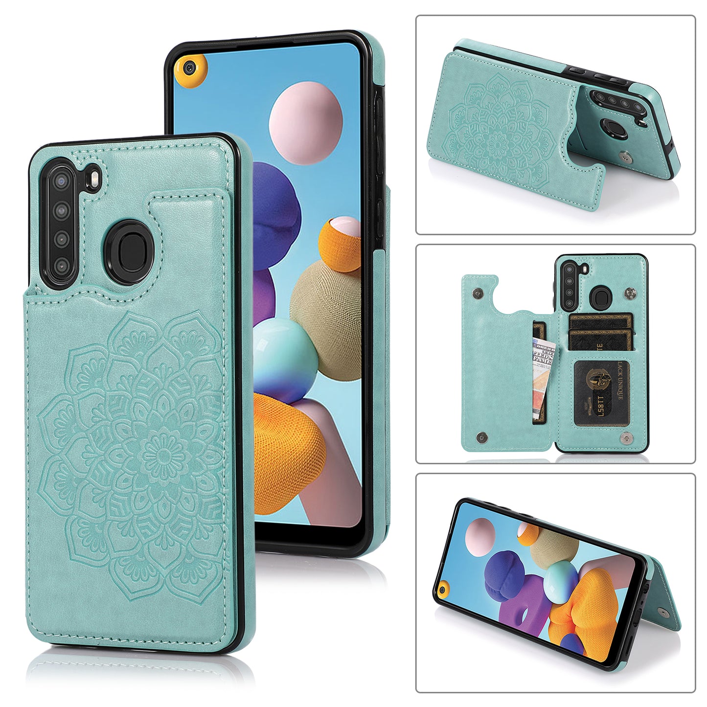 Samsung Galaxy A21 Leather Cover Card Holder Embossing Datura Flower with Double Magnetic Button