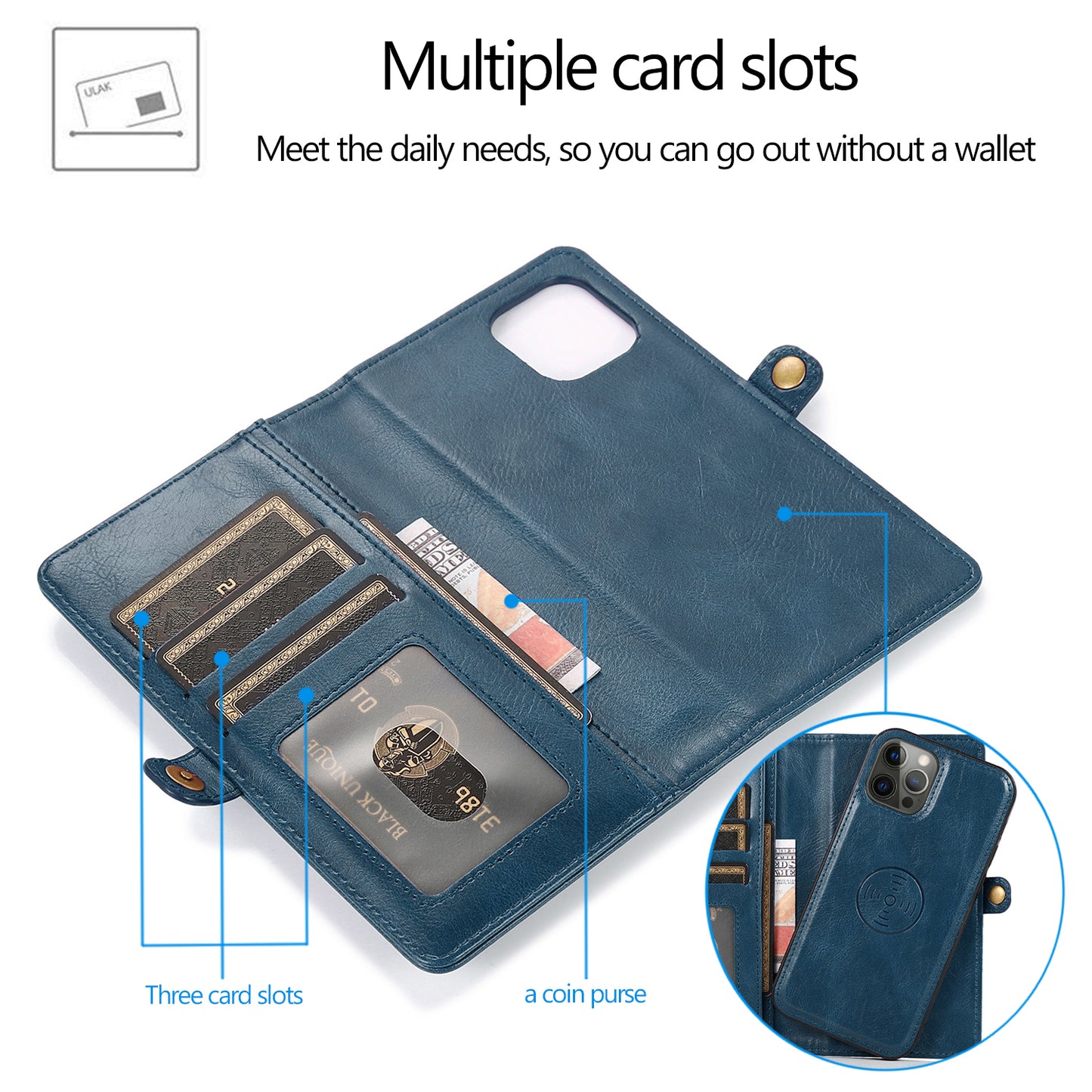 Apple iphone 12 Pro Max Leather Case Detachable Magnetic Multiple Card Slots Cash Pockets