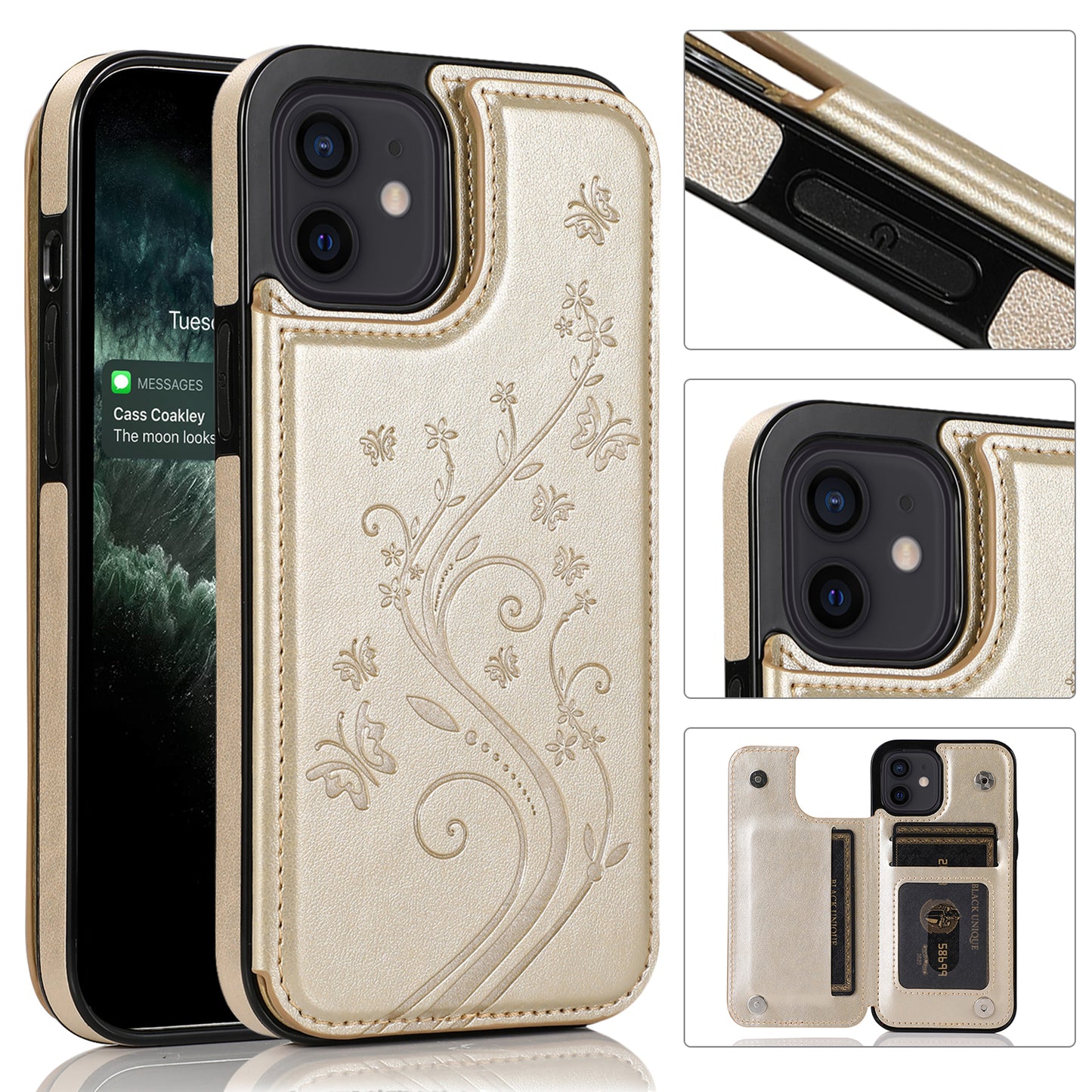 Apple iPhone 12 Pro Leather Cover Embossing Flower Slim Fold Card Holder Shockp Resistant