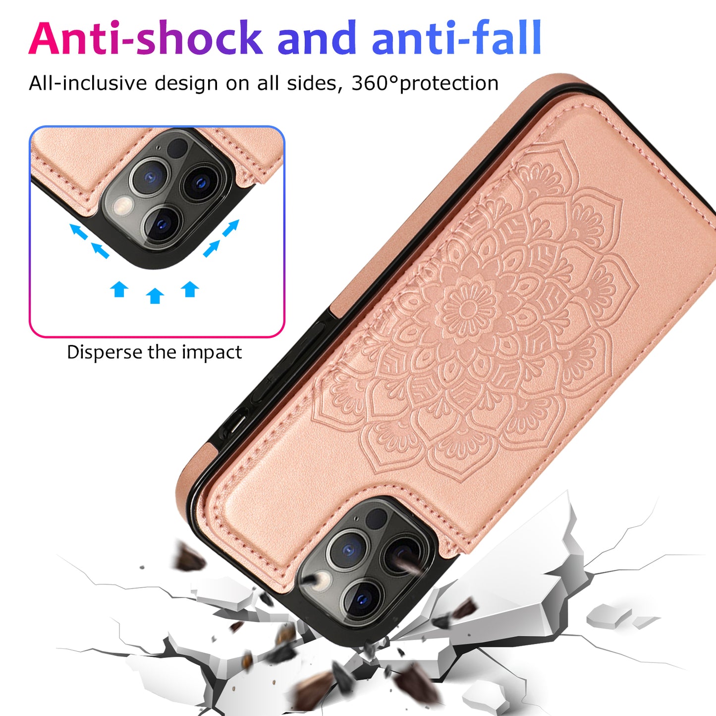 Apple iPhone 12 Pro Leather Cover Card Holder Embossing Datura Flower with Double Magnetic Button