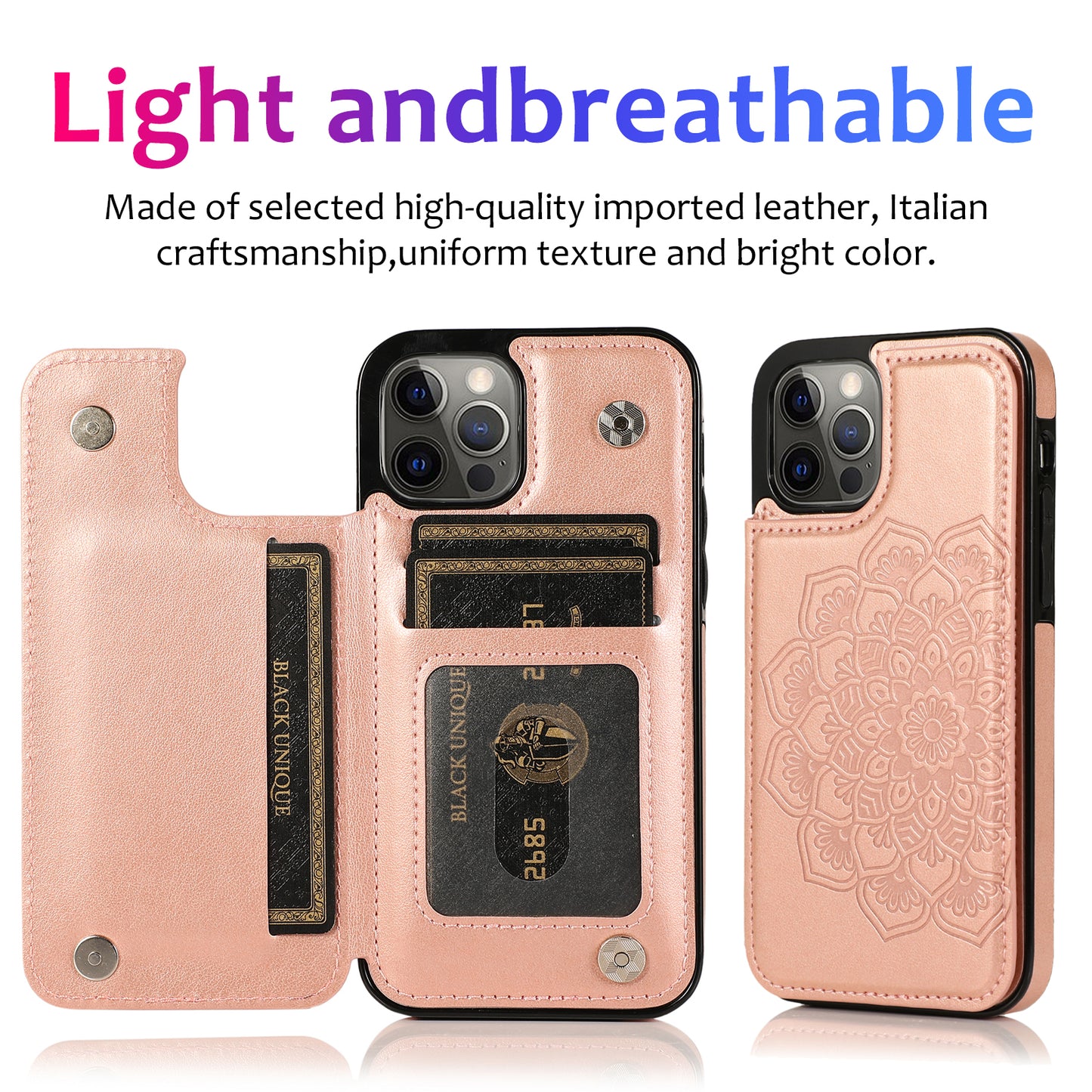 Apple iPhone 12 Pro Leather Cover Card Holder Embossing Datura Flower with Double Magnetic Button
