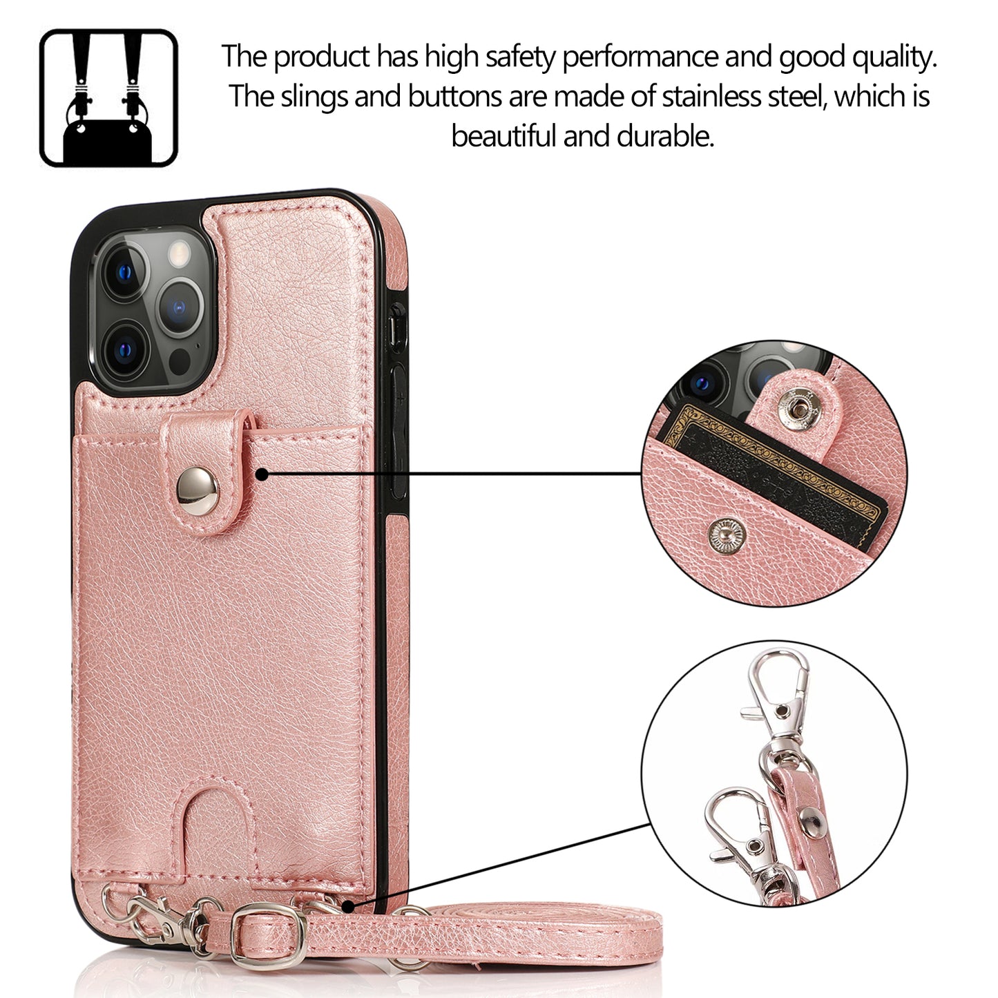 Apple iPhone 12 Pro Max Leather Cover Thin Double Usages Wallet with Shoulder Strap