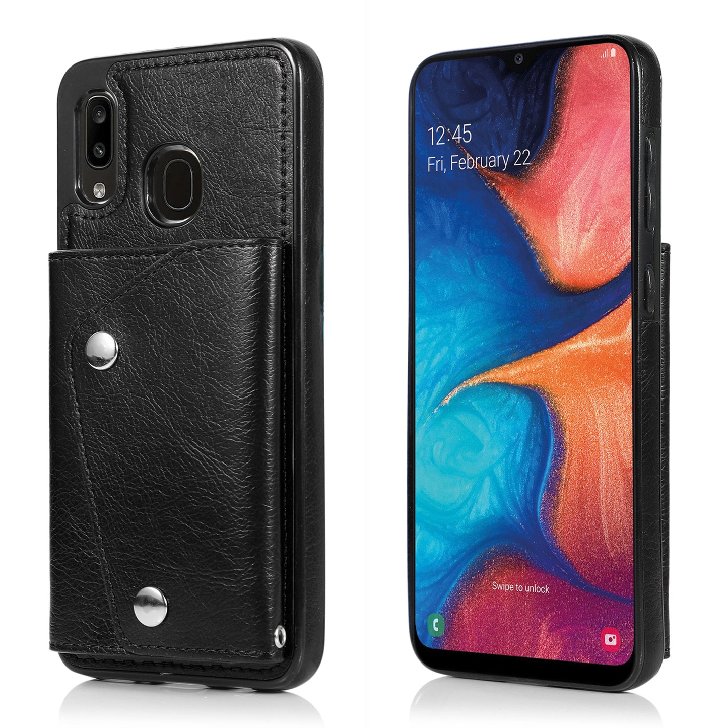 Samsung Galaxy A30 Genuine Leather Cover Extra Card Pouch Buckle with Hand Strap