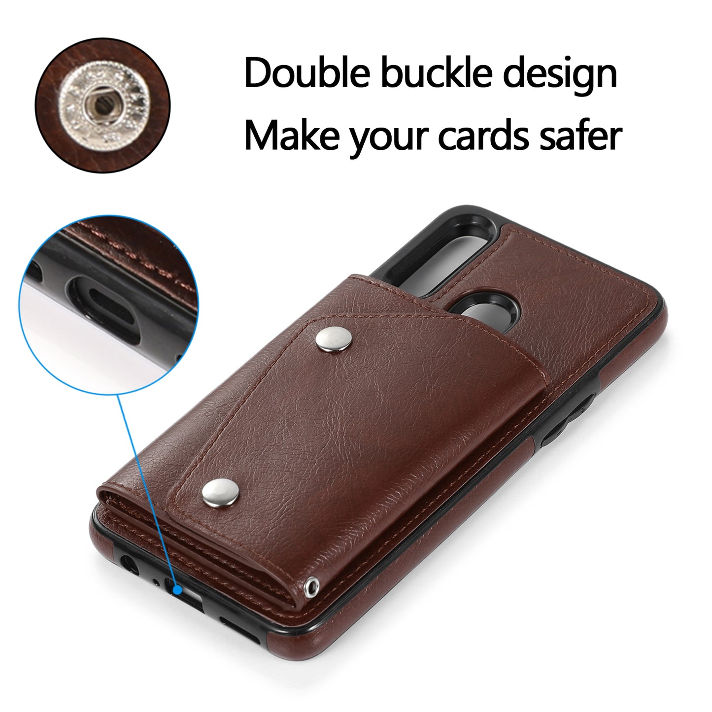 Samsung Galaxy A20s Genuine Leather Cover Extra Card Pouch Buckle with Hand Strap