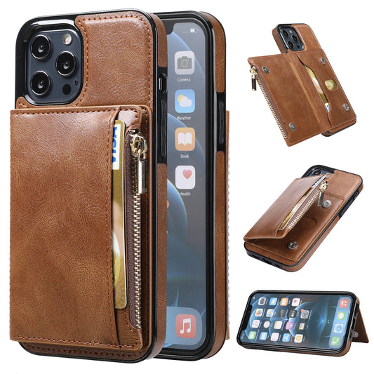 Apple iPhone 12 Pro Leather Cover Multifuntional Wallet External Card Holder Kickstand TPU Zipper