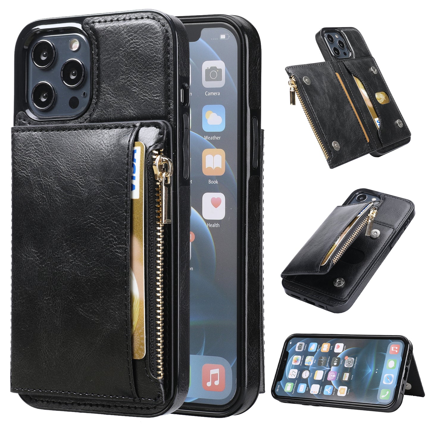 Apple iPhone 12 Pro Leather Cover Multifuntional Wallet External Card Holder Kickstand TPU Zipper