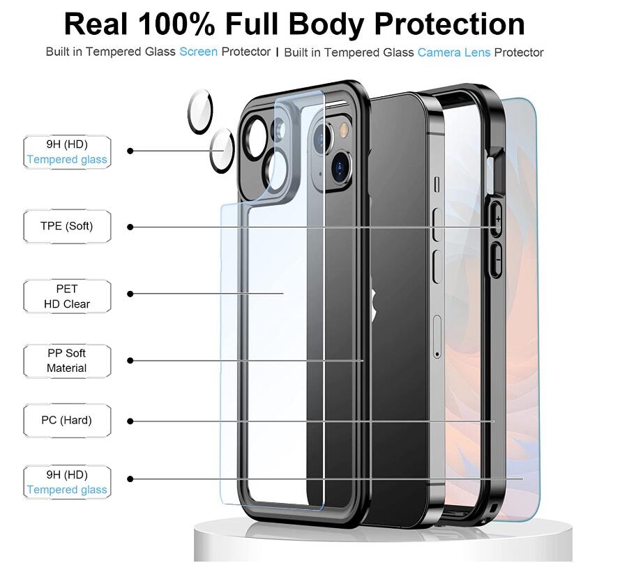 Apple iPhone 14 Plus Case Waterproof IP68 Clear Full Protection Built-in Screen Protector