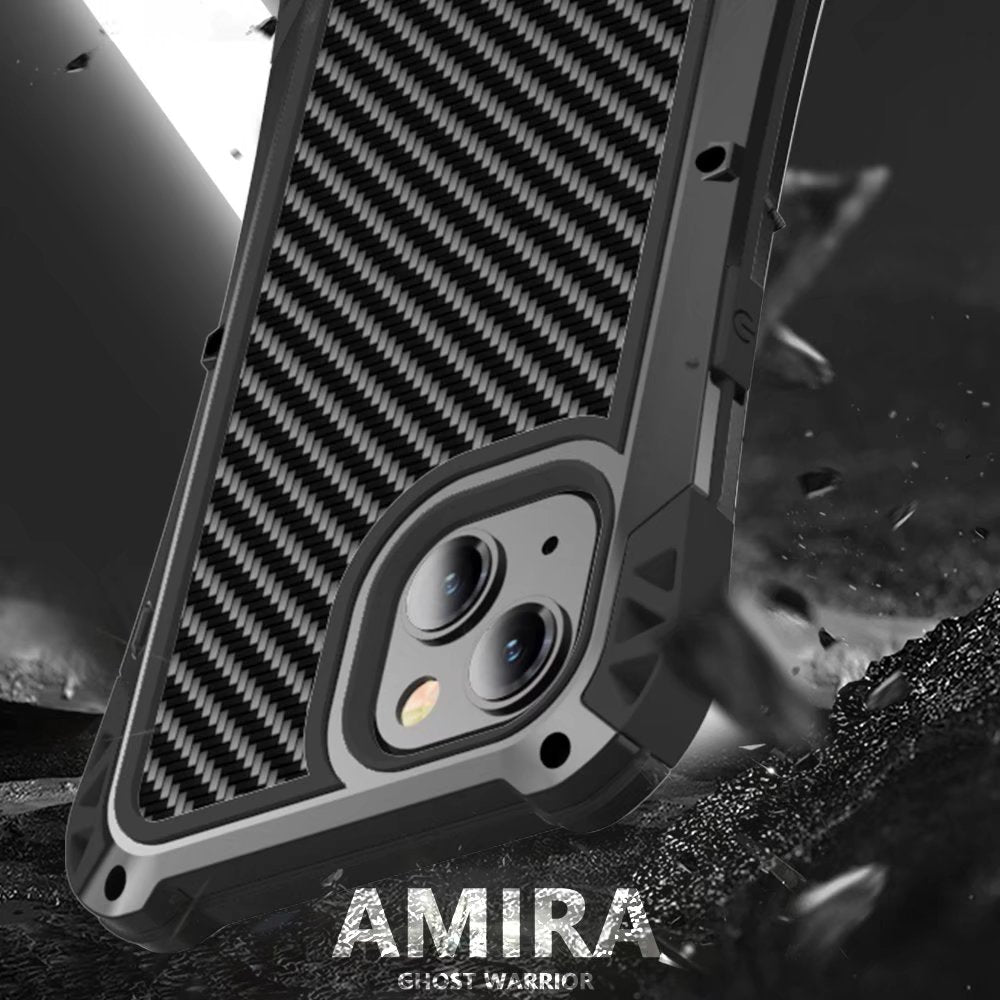 Apple iPhone 13 Pro Max Cover Zinc Alloy Bumper Earphone Buckle Carbon Fiber Armor