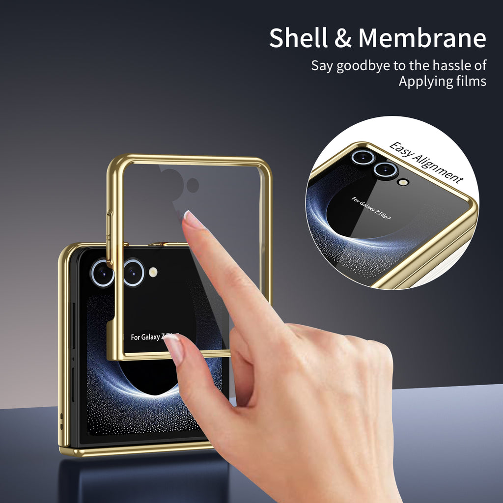 Ultramarinelife AG Frosted Galaxy Z Flip7 Case Vacuum Plating Anti-Fingerprint with HD Tempered Glass