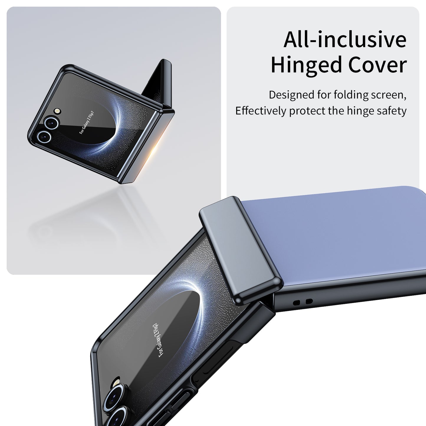 AG Frosted Galaxy Z Flip8 Case: Vacuum-plated matte PC cover with built-in front tempered glass—no film needed. Features all-inclusive hinged protection & auto-rebound springs for drop/shock resistance. Anti-smudge, fingerprint-proof, and scratch-resistant. Available in Sky Blue, Black, Red, Gold, Blue & Purple. Slim, rugged, and built to save your screen and hinge.