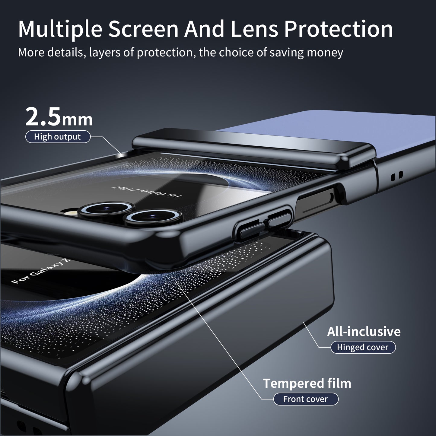 AG Frosted Galaxy Z Flip8 Case: Vacuum-plated matte PC cover with built-in front tempered glass—no film needed. Features all-inclusive hinged protection & auto-rebound springs for drop/shock resistance. Anti-smudge, fingerprint-proof, and scratch-resistant. Available in Sky Blue, Black, Red, Gold, Blue & Purple. Slim, rugged, and built to save your screen and hinge.