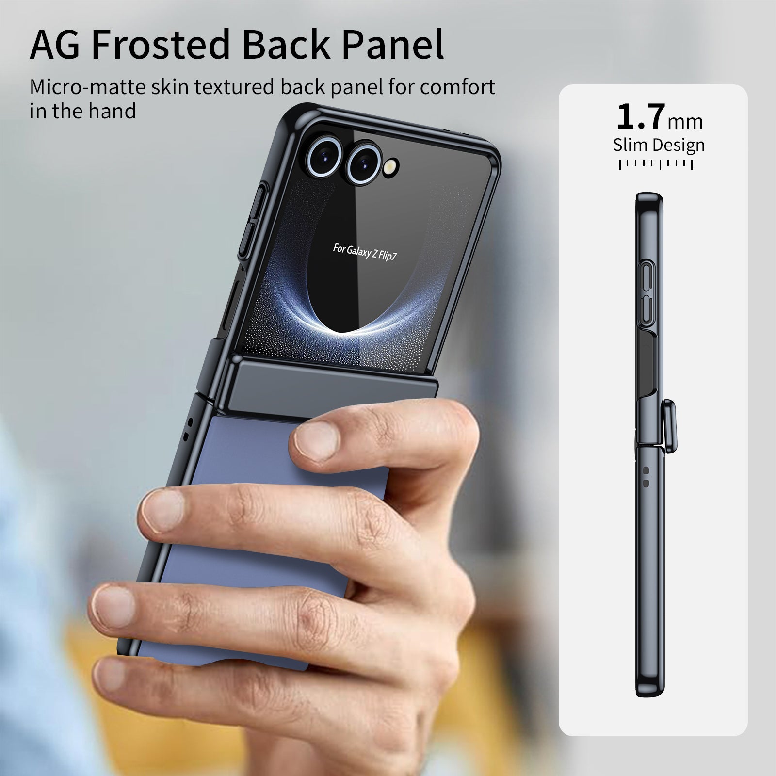 AG Frosted Galaxy Z Flip8 Case: Vacuum-plated matte PC cover with built-in front tempered glass—no film needed. Features all-inclusive hinged protection & auto-rebound springs for drop/shock resistance. Anti-smudge, fingerprint-proof, and scratch-resistant. Available in Sky Blue, Black, Red, Gold, Blue & Purple. Slim, rugged, and built to save your screen and hinge.