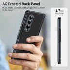AG Frosted Galaxy Z Fold3 Case: Vacuum-plated matte PC cover with built-in front tempered glass—no film needed. Features all-inclusive hinged protection & auto-rebound springs for drop/shock resistance. Anti-smudge, fingerprint-proof, and scratch-resistant. Available in Sky Blue, Black, Red, Gold, Blue & Purple. Slim, rugged, and built to save your screen and hinge.