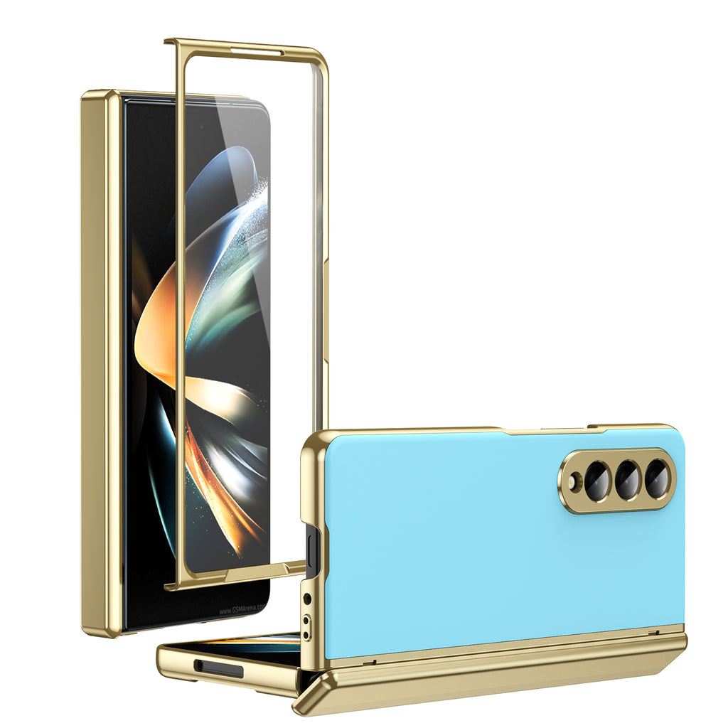 AG Frosted Galaxy Z Fold3 Case: Vacuum-plated matte PC cover with built-in front tempered glass—no film needed. Features all-inclusive hinged protection & auto-rebound springs for drop/shock resistance. Anti-smudge, fingerprint-proof, and scratch-resistant. Available in Sky Blue, Black, Red, Gold, Blue & Purple. Slim, rugged, and built to save your screen and hinge.
