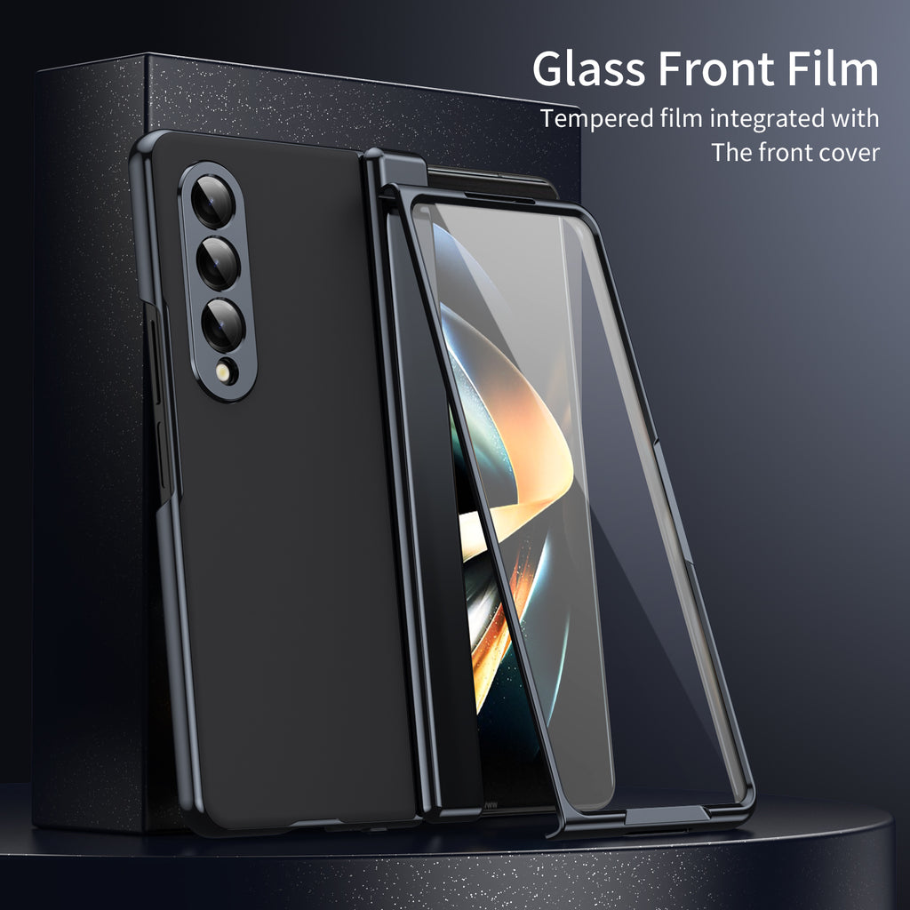 AG Frosted Galaxy Z Fold3 Case: Vacuum-plated matte PC cover with built-in front tempered glass—no film needed. Features all-inclusive hinged protection & auto-rebound springs for drop/shock resistance. Anti-smudge, fingerprint-proof, and scratch-resistant. Available in Sky Blue, Black, Red, Gold, Blue & Purple. Slim, rugged, and built to save your screen and hinge.