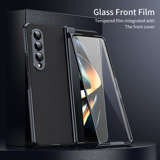 AG Frosted Galaxy Z Fold3 Case: Vacuum-plated matte PC cover with built-in front tempered glass—no film needed. Features all-inclusive hinged protection & auto-rebound springs for drop/shock resistance. Anti-smudge, fingerprint-proof, and scratch-resistant. Available in Sky Blue, Black, Red, Gold, Blue & Purple. Slim, rugged, and built to save your screen and hinge.