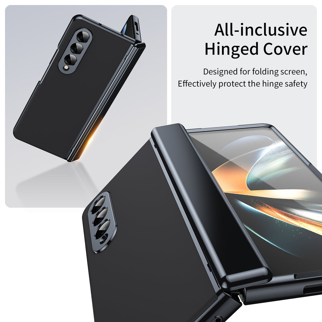 AG Frosted Galaxy Z Fold3 Case: Vacuum-plated matte PC cover with built-in front tempered glass—no film needed. Features all-inclusive hinged protection & auto-rebound springs for drop/shock resistance. Anti-smudge, fingerprint-proof, and scratch-resistant. Available in Sky Blue, Black, Red, Gold, Blue & Purple. Slim, rugged, and built to save your screen and hinge.