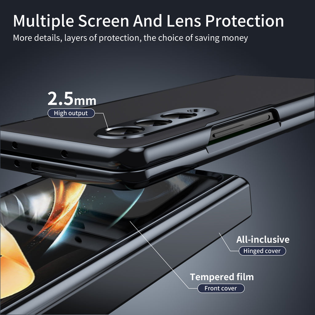 AG Frosted Galaxy Z Fold3 Case: Vacuum-plated matte PC cover with built-in front tempered glass—no film needed. Features all-inclusive hinged protection & auto-rebound springs for drop/shock resistance. Anti-smudge, fingerprint-proof, and scratch-resistant. Available in Sky Blue, Black, Red, Gold, Blue & Purple. Slim, rugged, and built to save your screen and hinge.