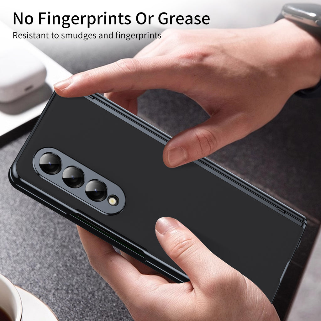 AG Frosted Galaxy Z Fold3 Case: Vacuum-plated matte PC cover with built-in front tempered glass—no film needed. Features all-inclusive hinged protection & auto-rebound springs for drop/shock resistance. Anti-smudge, fingerprint-proof, and scratch-resistant. Available in Sky Blue, Black, Red, Gold, Blue & Purple. Slim, rugged, and built to save your screen and hinge.