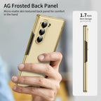 AG Frosted Galaxy Z Fold7 Case: Vacuum-plated matte PC cover with built-in front tempered glass—no film needed. Features all-inclusive hinged protection & auto-rebound springs for drop/shock resistance. Anti-smudge, fingerprint-proof, and scratch-resistant. Available in Sky Blue, Black, Red, Gold, Blue & Purple. Slim, rugged, and built to save your screen and hinge.