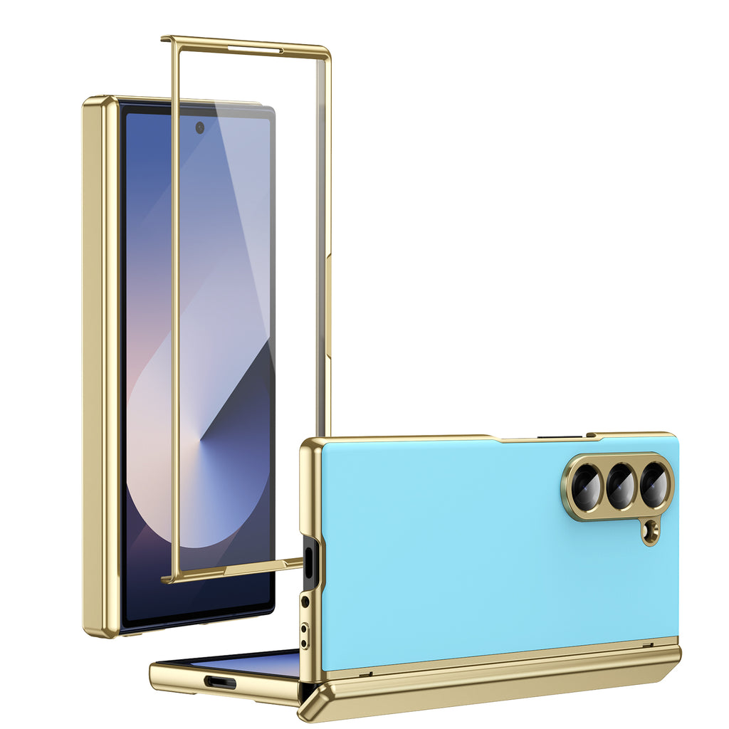 AG Frosted Galaxy Z Fold7 Case: Vacuum-plated matte PC cover with built-in front tempered glass—no film needed. Features all-inclusive hinged protection & auto-rebound springs for drop/shock resistance. Anti-smudge, fingerprint-proof, and scratch-resistant. Available in Sky Blue, Black, Red, Gold, Blue & Purple. Slim, rugged, and built to save your screen and hinge.