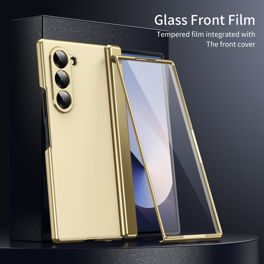 AG Frosted Galaxy Z Fold7 Case: Vacuum-plated matte PC cover with built-in front tempered glass—no film needed. Features all-inclusive hinged protection & auto-rebound springs for drop/shock resistance. Anti-smudge, fingerprint-proof, and scratch-resistant. Available in Sky Blue, Black, Red, Gold, Blue & Purple. Slim, rugged, and built to save your screen and hinge.