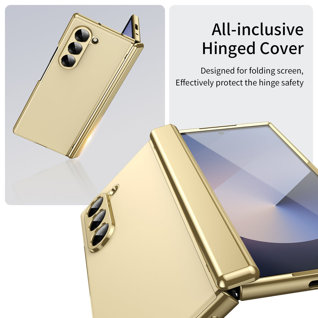AG Frosted Galaxy Z Fold7 Case: Vacuum-plated matte PC cover with built-in front tempered glass—no film needed. Features all-inclusive hinged protection & auto-rebound springs for drop/shock resistance. Anti-smudge, fingerprint-proof, and scratch-resistant. Available in Sky Blue, Black, Red, Gold, Blue & Purple. Slim, rugged, and built to save your screen and hinge.