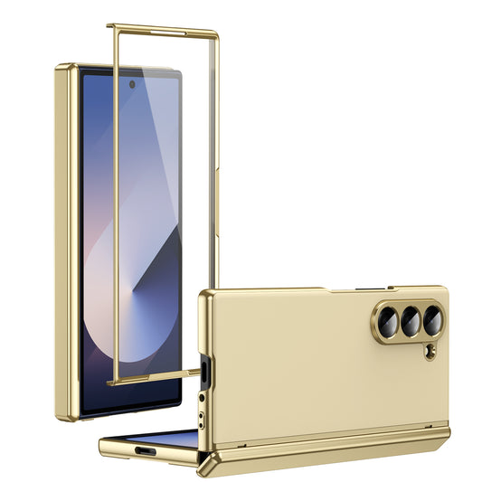 AG Frosted Galaxy Z Fold7 Case: Vacuum-plated matte PC cover with built-in front tempered glass—no film needed. Features all-inclusive hinged protection & auto-rebound springs for drop/shock resistance. Anti-smudge, fingerprint-proof, and scratch-resistant. Available in Sky Blue, Black, Red, Gold, Blue & Purple. Slim, rugged, and built to save your screen and hinge.